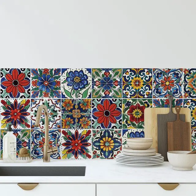 Alt view image 6 of 7 - 30 Pcs Style Peel and Stick Wall Tile Decals - Waterproof Vinyl Stickers for Kitchen Backsplash, Bathroom, Stair Riser Decor - Spanish Floral Pattern - 4x4 Inch