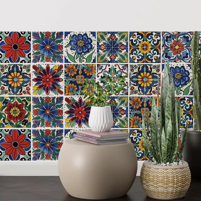 Alt view image 4 of 7 - 30 Pcs Style Peel and Stick Wall Tile Decals - Waterproof Vinyl Stickers for Kitchen Backsplash, Bathroom, Stair Riser Decor - Spanish Floral Pattern - 4x4 Inch