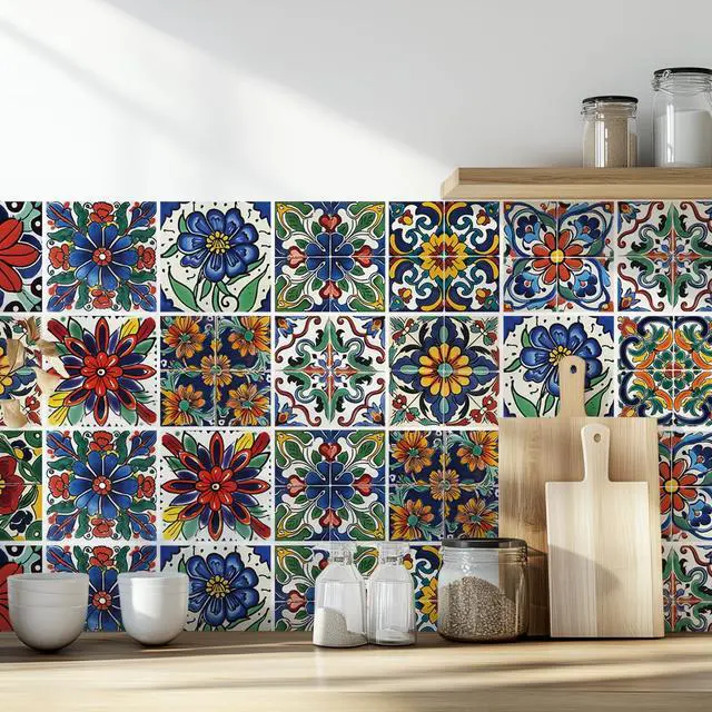 Alt view image 7 of 7 - 30 Pcs Style Peel and Stick Wall Tile Decals - Waterproof Vinyl Stickers for Kitchen Backsplash, Bathroom, Stair Riser Decor - Spanish Floral Pattern - 4x4 Inch