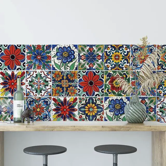 Alt view image 5 of 7 - 30 Pcs Style Peel and Stick Wall Tile Decals - Waterproof Vinyl Stickers for Kitchen Backsplash, Bathroom, Stair Riser Decor - Spanish Floral Pattern - 4x4 Inch