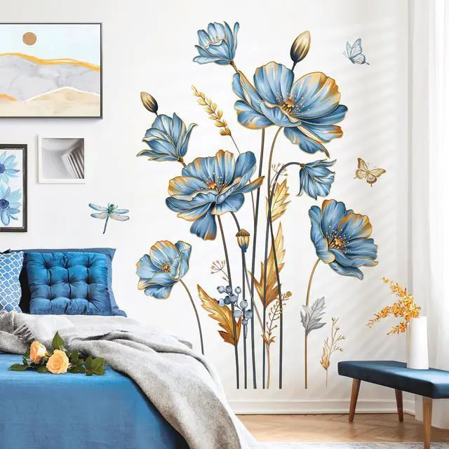 Main image of Blue Flower Butterfly Gold Leaves Plants Wall Decals Stickers(XL)
