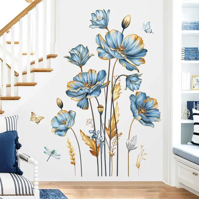 Alt view image 2 of 6 - Blue Flower Butterfly Gold Leaves Plants Wall Decals Stickers(XL)