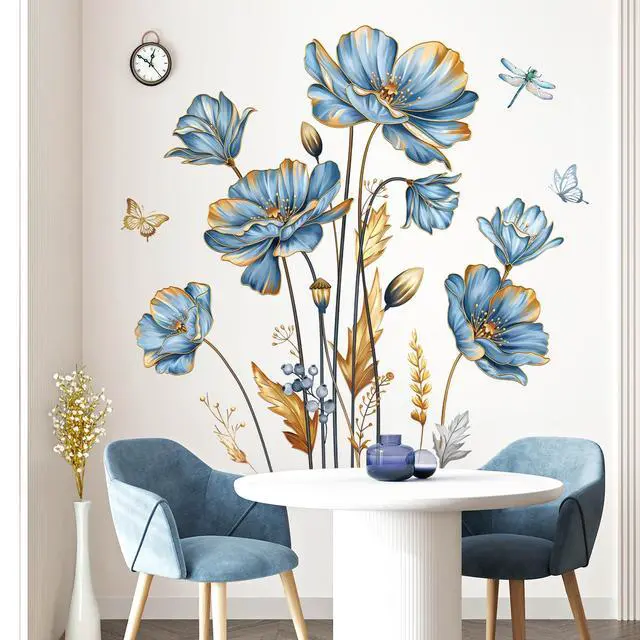 Alt view image 3 of 6 - Blue Flower Butterfly Gold Leaves Plants Wall Decals Stickers(XL)