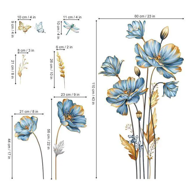 Alt view image 4 of 6 - Blue Flower Butterfly Gold Leaves Plants Wall Decals Stickers(XL)