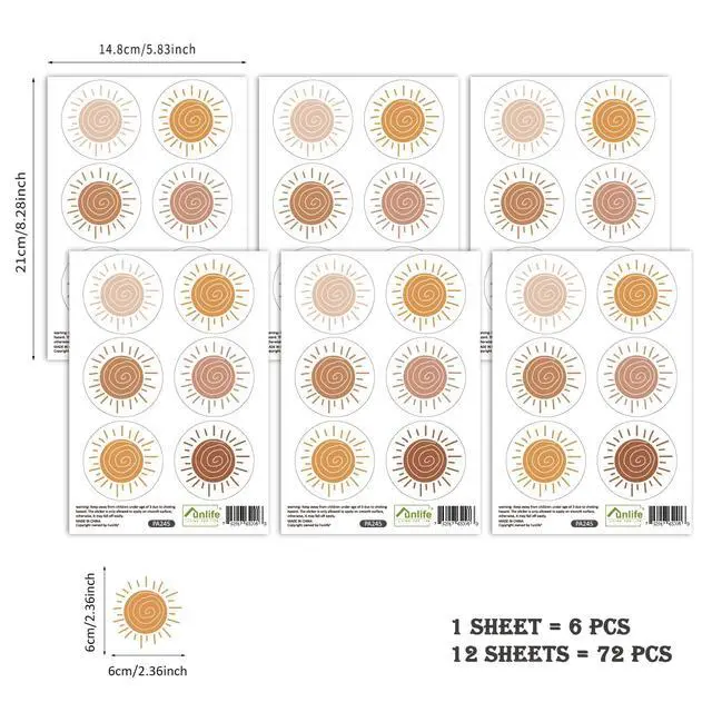 Alt view image 2 of 6 - Peel and Stick Boho Sun Wall Decals, Self Adhesive Sunshine Wall Stickers Rustic Country, PVC Boho Wall Art Stickers for Kids Bedroom Playroom Nursery Room Home Decor Decal