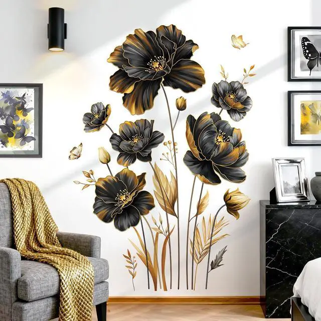 Main image of Black Gold Flower Leaves Plants Floral Wall Decals Stickers