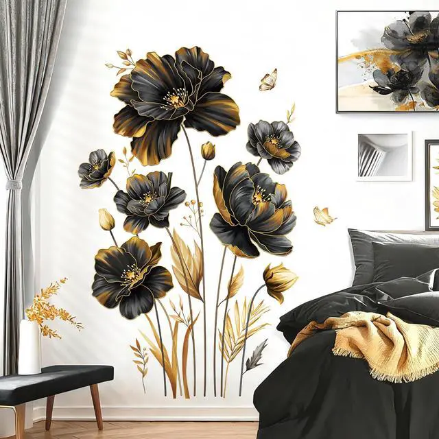 Alt view image 3 of 6 - Black Gold Flower Leaves Plants Floral Wall Decals Stickers