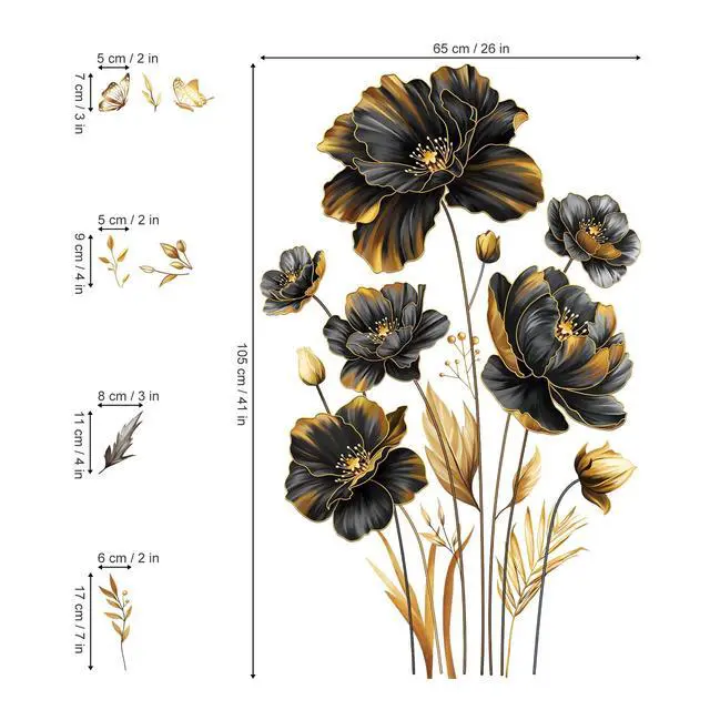 Alt view image 4 of 6 - Black Gold Flower Leaves Plants Floral Wall Decals Stickers
