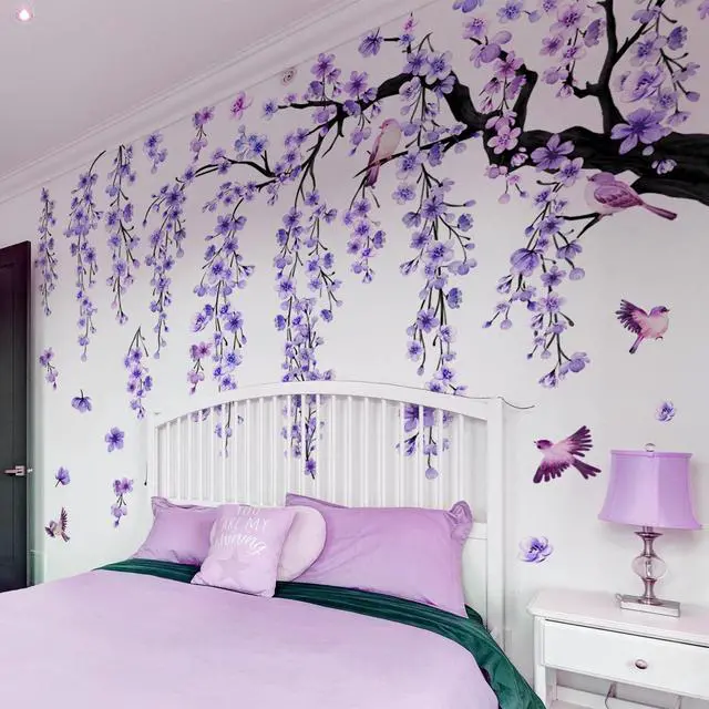Main image of Purple Wall Decor 4 Sheets Large Cherry Blossom Tree Wall Stickers