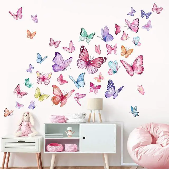 Main image of Watercolor Butterfly Wall Stickers Colorful Butterflies Peel and Stick Wall Art Decals for Girls Bedroom Baby Nursery