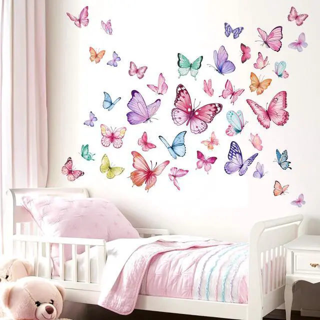 Alt view image 2 of 6 - Watercolor Butterfly Wall Stickers Colorful Butterflies Peel and Stick Wall Art Decals for Girls Bedroom Baby Nursery