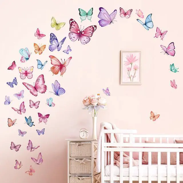 Alt view image 3 of 6 - Watercolor Butterfly Wall Stickers Colorful Butterflies Peel and Stick Wall Art Decals for Girls Bedroom Baby Nursery