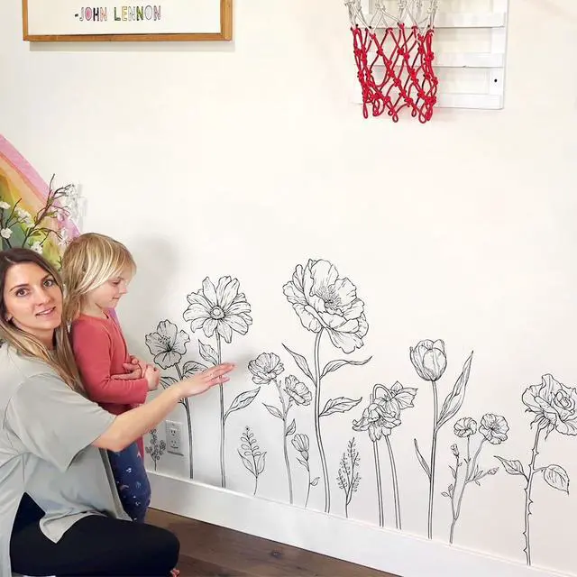 Alt view image 2 of 5 - Large Black Boho Flower Wall Decals, 3 Sheets Simple Sketch Floral Wall Stickers Peony Wildflower Peel Stick Wall Art Decor Bedroom Home Room Office Garden Hall Adult Gifts for Mom(11.8x35.4 in/Sheet)