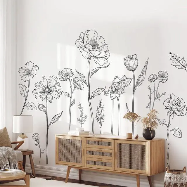 Main image of Large Black Boho Flower Wall Decals, 3 Sheets Simple Sketch Floral Wall Stickers Peony Wildflower Peel Stick Wall Art Decor Bedroom Home Room Office Garden Hall Adult Gifts for Mom(11.8x35.4 in/Sheet)
