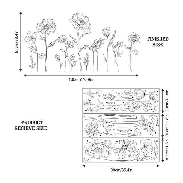 Alt view image 3 of 5 - Large Black Boho Flower Wall Decals, 3 Sheets Simple Sketch Floral Wall Stickers Peony Wildflower Peel Stick Wall Art Decor Bedroom Home Room Office Garden Hall Adult Gifts for Mom(11.8x35.4 in/Sheet)