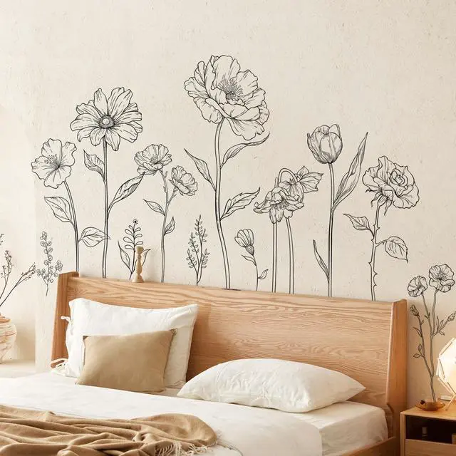 Alt view image 4 of 5 - Large Black Boho Flower Wall Decals, 3 Sheets Simple Sketch Floral Wall Stickers Peony Wildflower Peel Stick Wall Art Decor Bedroom Home Room Office Garden Hall Adult Gifts for Mom(11.8x35.4 in/Sheet)