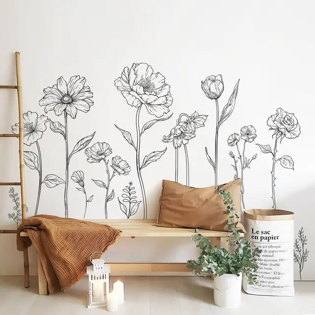 Alt view image 5 of 5 - Large Black Boho Flower Wall Decals, 3 Sheets Simple Sketch Floral Wall Stickers Peony Wildflower Peel Stick Wall Art Decor Bedroom Home Room Office Garden Hall Adult Gifts for Mom(11.8x35.4 in/Sheet)