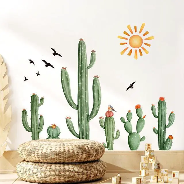 Main image of Cactus Wall Decals Tropical Green Plants Boho Cactus Wall Stickers Peel and Stick Vinyl with Sun Birds Cacti Art Decor for Baby Boy Kids Grils Nursery Living Room Bedroom Office Gifts for Mom