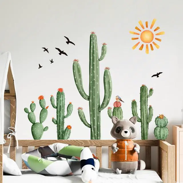 Alt view image 2 of 7 - Cactus Wall Decals Tropical Green Plants Boho Cactus Wall Stickers Peel and Stick Vinyl with Sun Birds Cacti Art Decor for Baby Boy Kids Grils Nursery Living Room Bedroom Office Gifts for Mom