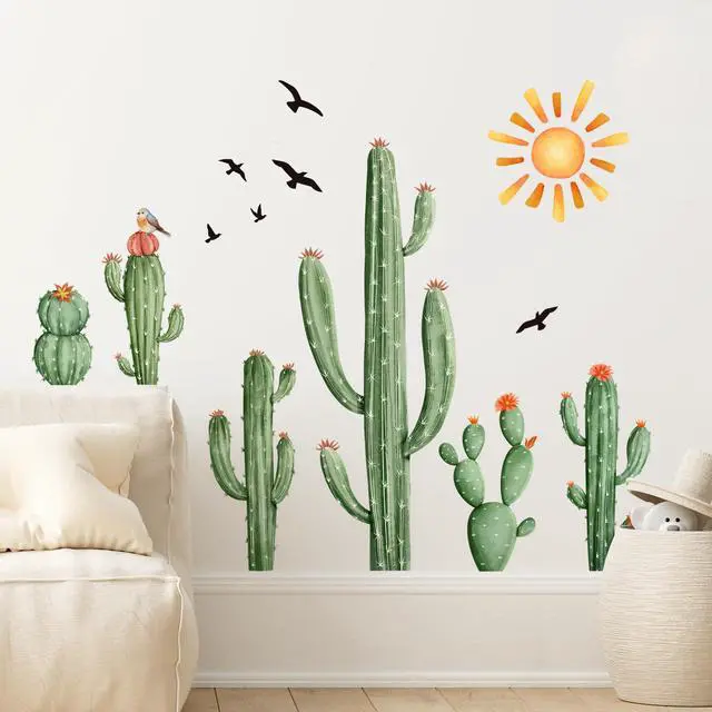 Alt view image 3 of 7 - Cactus Wall Decals Tropical Green Plants Boho Cactus Wall Stickers Peel and Stick Vinyl with Sun Birds Cacti Art Decor for Baby Boy Kids Grils Nursery Living Room Bedroom Office Gifts for Mom