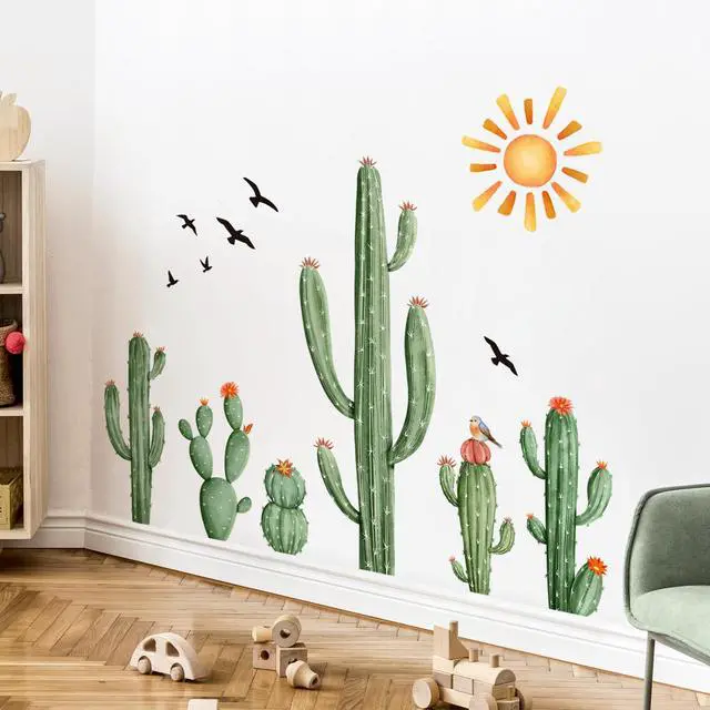 Alt view image 5 of 7 - Cactus Wall Decals Tropical Green Plants Boho Cactus Wall Stickers Peel and Stick Vinyl with Sun Birds Cacti Art Decor for Baby Boy Kids Grils Nursery Living Room Bedroom Office Gifts for Mom