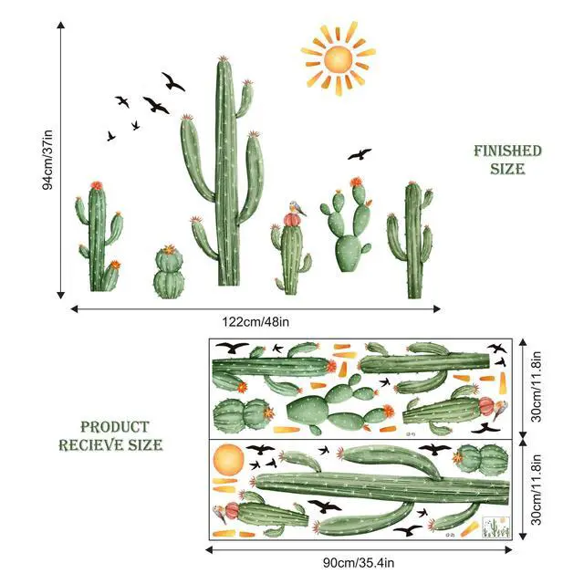 Alt view image 6 of 7 - Cactus Wall Decals Tropical Green Plants Boho Cactus Wall Stickers Peel and Stick Vinyl with Sun Birds Cacti Art Decor for Baby Boy Kids Grils Nursery Living Room Bedroom Office Gifts for Mom