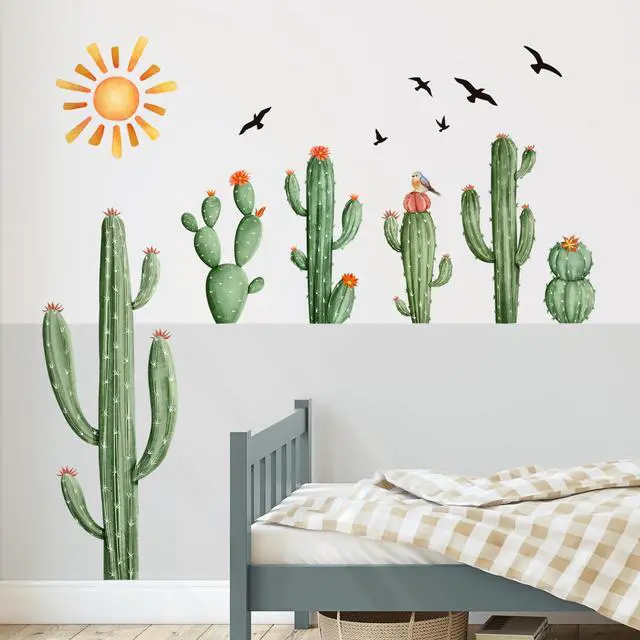 Alt view image 4 of 7 - Cactus Wall Decals Tropical Green Plants Boho Cactus Wall Stickers Peel and Stick Vinyl with Sun Birds Cacti Art Decor for Baby Boy Kids Grils Nursery Living Room Bedroom Office Gifts for Mom