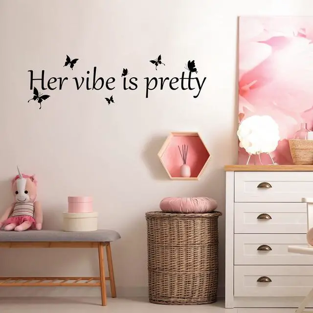 Alt view image 6 of 6 - Her Vibe is Pretty Wall Decal Decor Vivid Butterflies Wall Sticker Inspirational Quotes Positive Wall Decal Sticker for Women Office 31.5 x 9.4 Inch (Simple Style,Black)