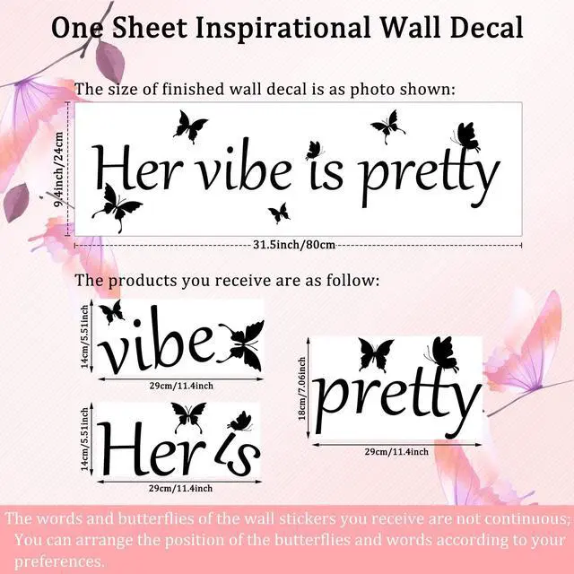 Alt view image 2 of 6 - Her Vibe is Pretty Wall Decal Decor Vivid Butterflies Wall Sticker Inspirational Quotes Positive Wall Decal Sticker for Women Office 31.5 x 9.4 Inch (Simple Style,Black)
