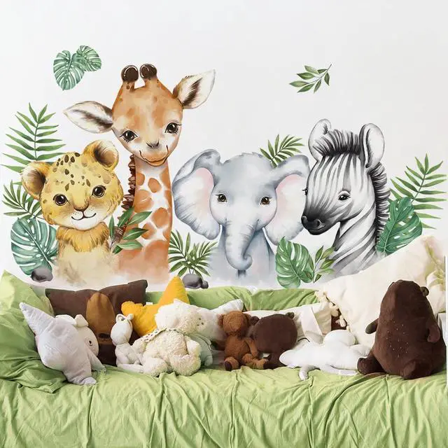 Alt view image 2 of 6 - 52.51x23.62 Inch Watercolor Jungle Animal Wall Decals Safari Forest Animal Wall Sticker Elephant Lion Monkey Decals for Baby Nursery Playroom Bedroom Classroom Kindergarten Decor