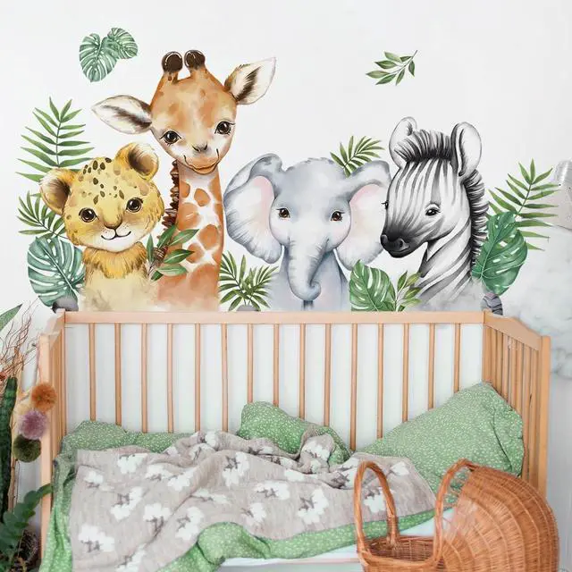 Main image of 52.51x23.62 Inch Watercolor Jungle Animal Wall Decals Safari Forest Animal Wall Sticker Elephant Lion Monkey Decals for Baby Nursery Playroom Bedroom Classroom Kindergarten Decor