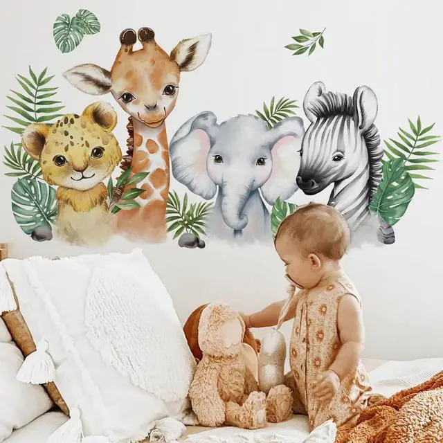 Alt view image 3 of 6 - 52.51x23.62 Inch Watercolor Jungle Animal Wall Decals Safari Forest Animal Wall Sticker Elephant Lion Monkey Decals for Baby Nursery Playroom Bedroom Classroom Kindergarten Decor