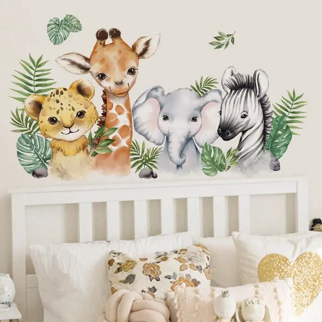 Alt view image 4 of 6 - 52.51x23.62 Inch Watercolor Jungle Animal Wall Decals Safari Forest Animal Wall Sticker Elephant Lion Monkey Decals for Baby Nursery Playroom Bedroom Classroom Kindergarten Decor