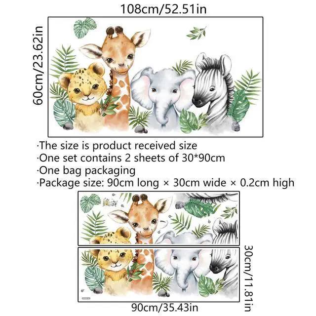 Alt view image 6 of 6 - 52.51x23.62 Inch Watercolor Jungle Animal Wall Decals Safari Forest Animal Wall Sticker Elephant Lion Monkey Decals for Baby Nursery Playroom Bedroom Classroom Kindergarten Decor