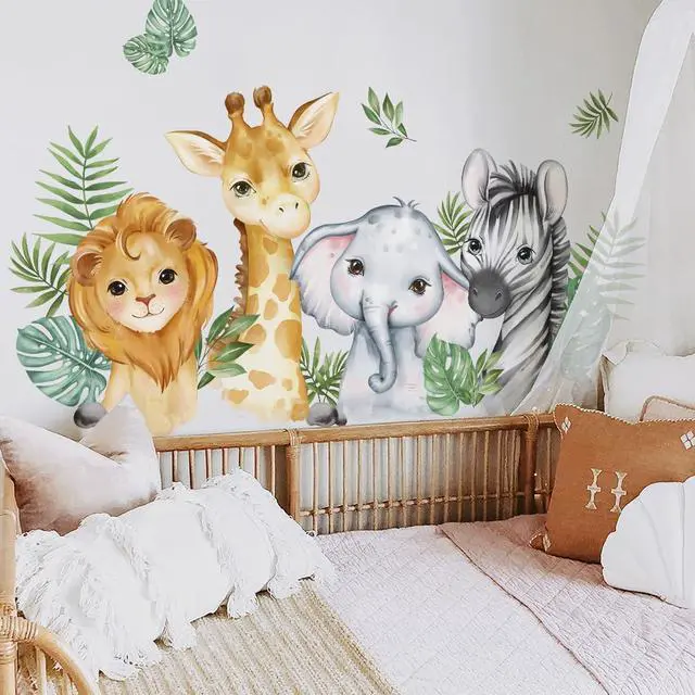 Alt view image 5 of 6 - 52.51x23.62 Inch Watercolor Jungle Animal Wall Decals Safari Forest Animal Wall Sticker Elephant Lion Monkey Decals for Baby Nursery Playroom Bedroom Classroom Kindergarten Decor