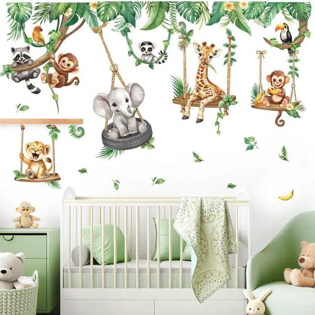 Alt view image 2 of 7 - Jungle Animal on Swings Safari Animal Wall Decals Stickers