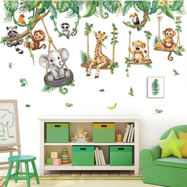 Alt view image 3 of 7 - Jungle Animal on Swings Safari Animal Wall Decals Stickers
