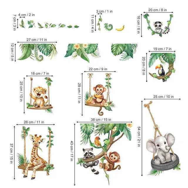 Alt view image 5 of 7 - Jungle Animal on Swings Safari Animal Wall Decals Stickers