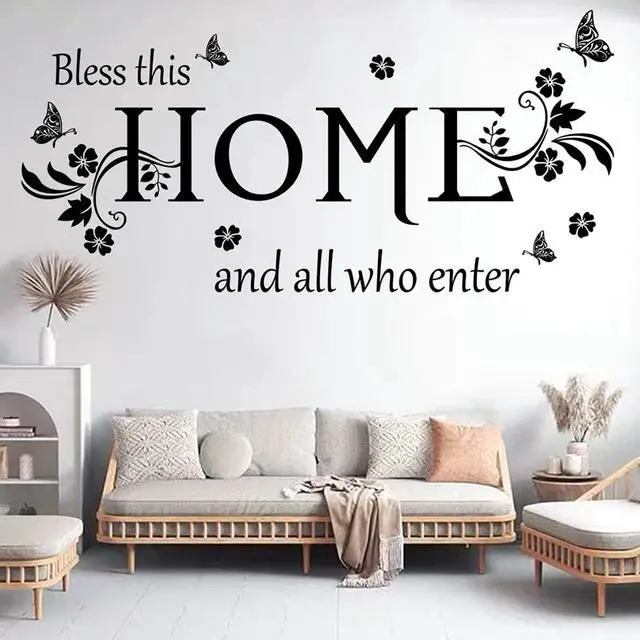 Main image of Black Vinyl Wall Sticker Wall Word Quotes Bless This Home and All who Enter Wall Decals Flowers Butterfly Wall Decor Sticker for Entryway Living Room Home Decor.