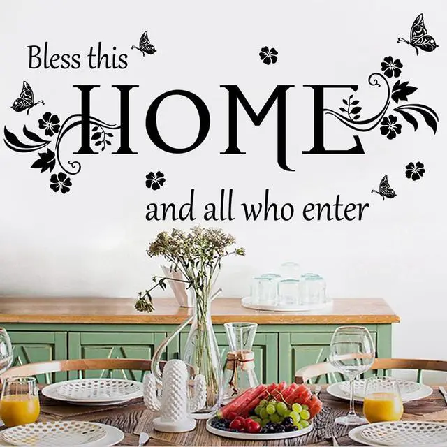 Alt view image 2 of 6 - Black Vinyl Wall Sticker Wall Word Quotes Bless This Home and All who Enter Wall Decals Flowers Butterfly Wall Decor Sticker for Entryway Living Room Home Decor.