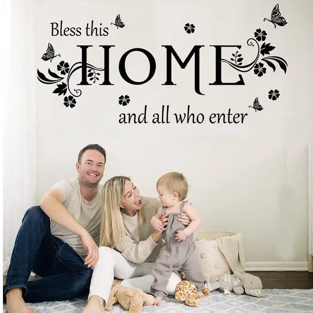 Alt view image 3 of 6 - Black Vinyl Wall Sticker Wall Word Quotes Bless This Home and All who Enter Wall Decals Flowers Butterfly Wall Decor Sticker for Entryway Living Room Home Decor.