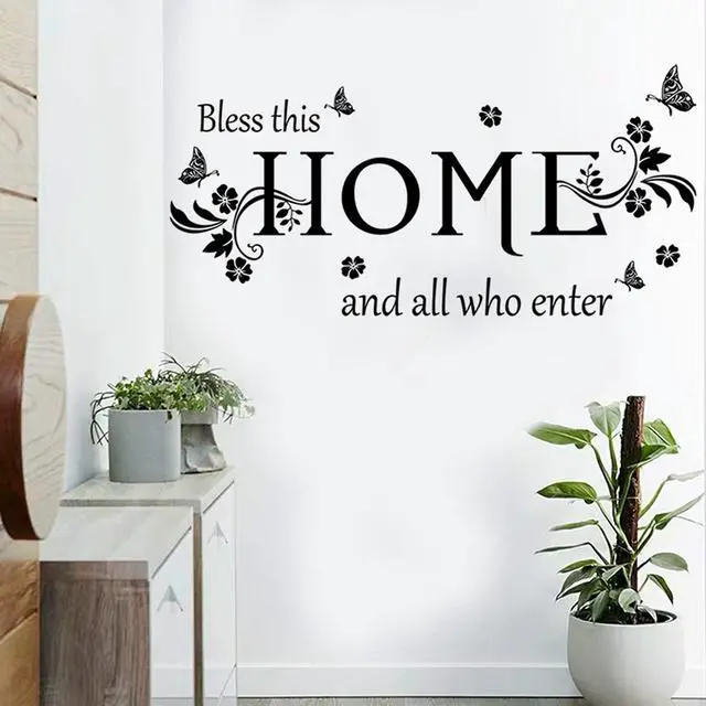 Alt view image 4 of 6 - Black Vinyl Wall Sticker Wall Word Quotes Bless This Home and All who Enter Wall Decals Flowers Butterfly Wall Decor Sticker for Entryway Living Room Home Decor.