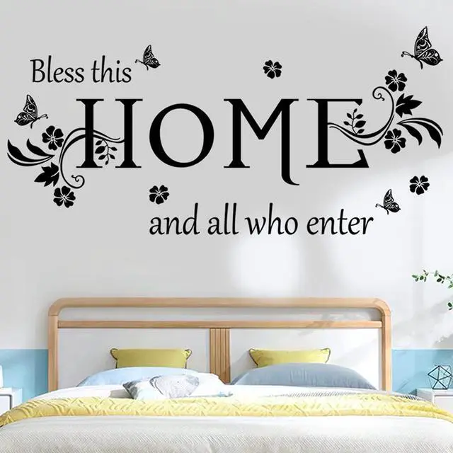 Alt view image 5 of 6 - Black Vinyl Wall Sticker Wall Word Quotes Bless This Home and All who Enter Wall Decals Flowers Butterfly Wall Decor Sticker for Entryway Living Room Home Decor.