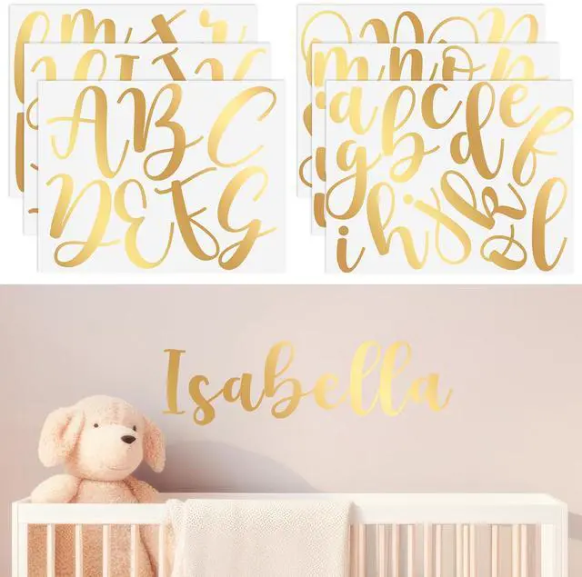 Main image of Personalized Name Wall Decal Large Cursive Letter Stickers Big Alphabet Custom Stickers Nursery Wall Decal for Backdrop Bedroom Home Classroom DIY (Elegant Script,Gold,Medium)
