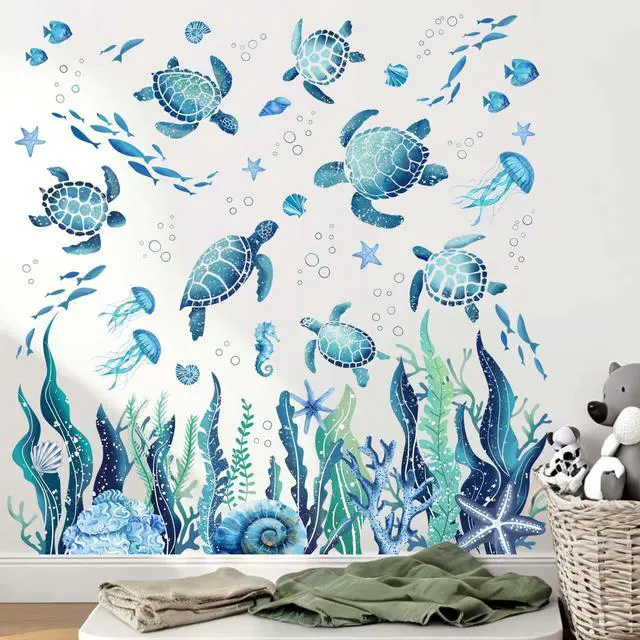 Main image of Ocean Sea Turtle Wall Stickers - Under The Sea Marine Theme Seaweed Grass Wall Decals - Baby Nursery Kids Bedroom Daycare Bathroom Wall Decor Stickers