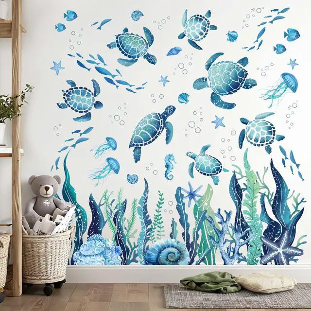 Alt view image 2 of 5 - Ocean Sea Turtle Wall Stickers - Under The Sea Marine Theme Seaweed Grass Wall Decals - Baby Nursery Kids Bedroom Daycare Bathroom Wall Decor Stickers