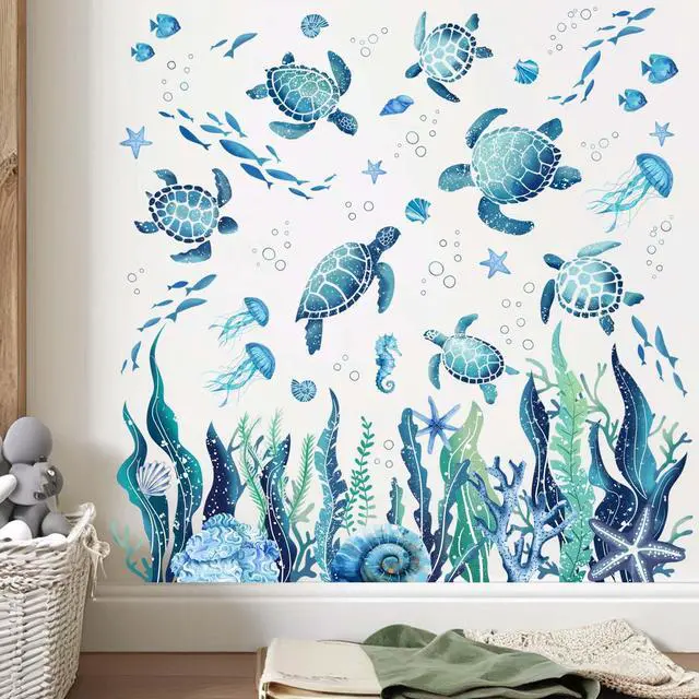 Alt view image 3 of 5 - Ocean Sea Turtle Wall Stickers - Under The Sea Marine Theme Seaweed Grass Wall Decals - Baby Nursery Kids Bedroom Daycare Bathroom Wall Decor Stickers