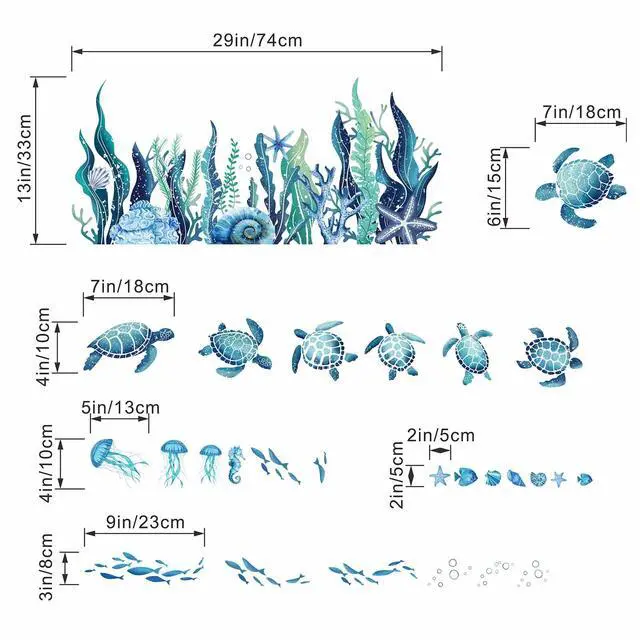 Alt view image 4 of 5 - Ocean Sea Turtle Wall Stickers - Under The Sea Marine Theme Seaweed Grass Wall Decals - Baby Nursery Kids Bedroom Daycare Bathroom Wall Decor Stickers