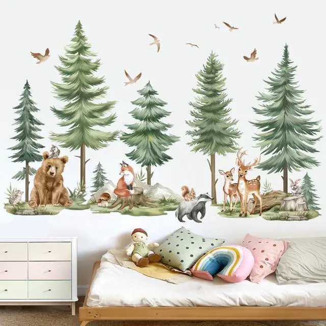 Alt view image 2 of 7 - Mountain Tree Wall Stickers Large Pine Tree Forest Animals Bear Deer Peel and Stick Wall Art Decals for Kids Bedroom Baby Nursery