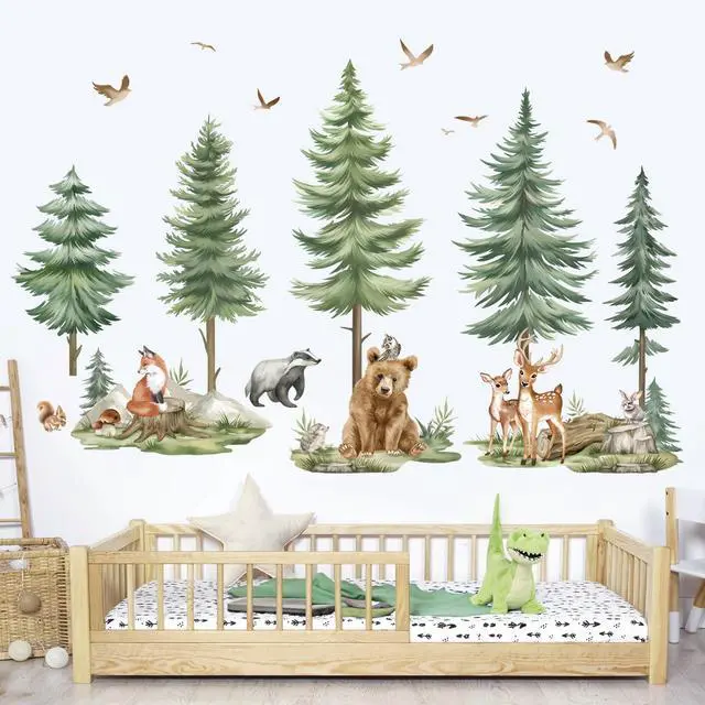 Alt view image 3 of 7 - Mountain Tree Wall Stickers Large Pine Tree Forest Animals Bear Deer Peel and Stick Wall Art Decals for Kids Bedroom Baby Nursery